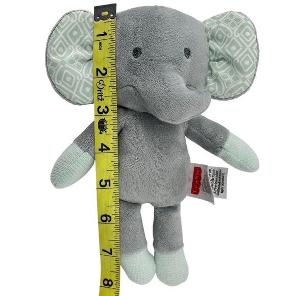 Fisher Price Plush Elephant Toy Gray Green Crinkle Ears Baby Soother - Picture 7 of 7